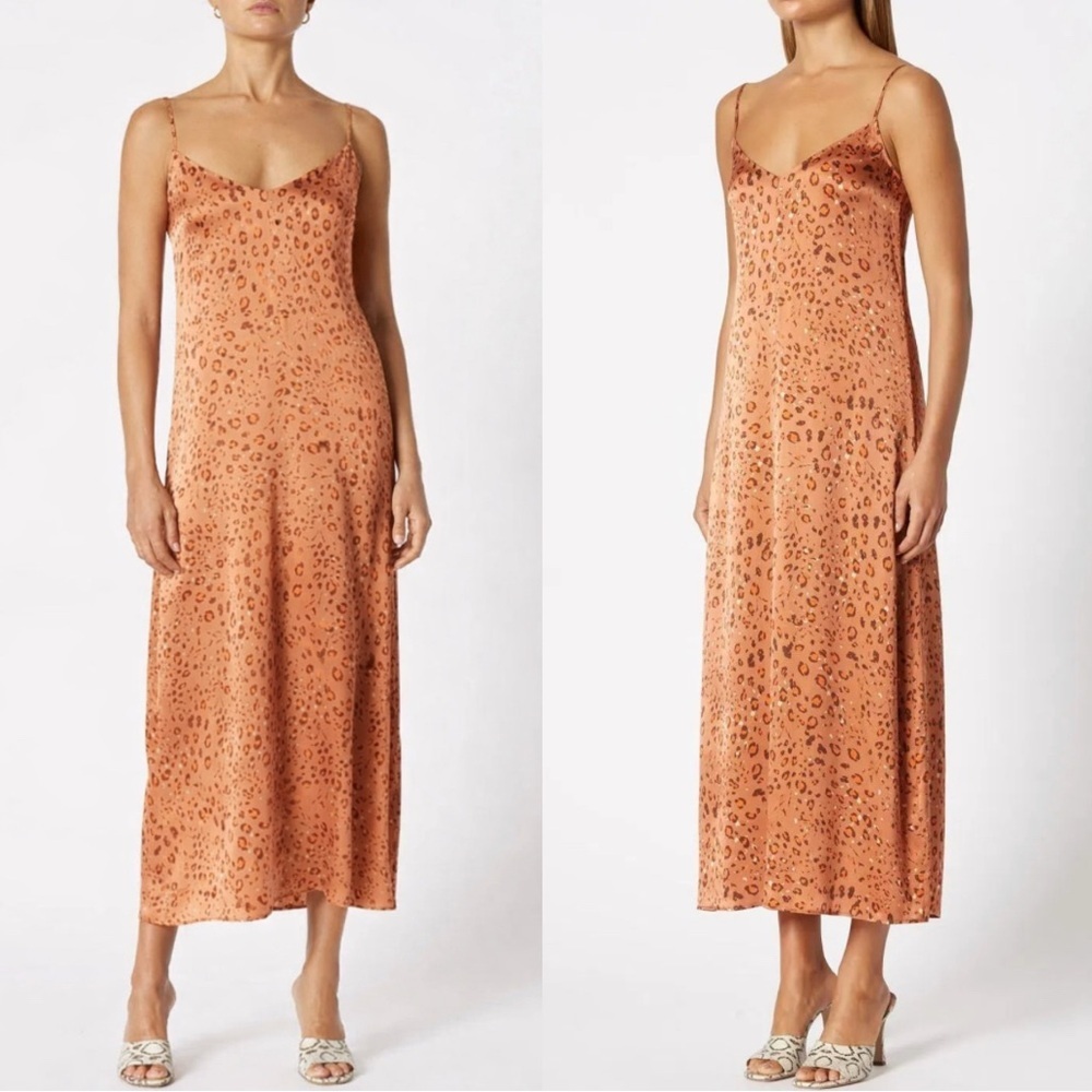 Scanlan Theodore Women Leopard Print Slip Midi Dress Orange Silk Sz 8 US Luxury